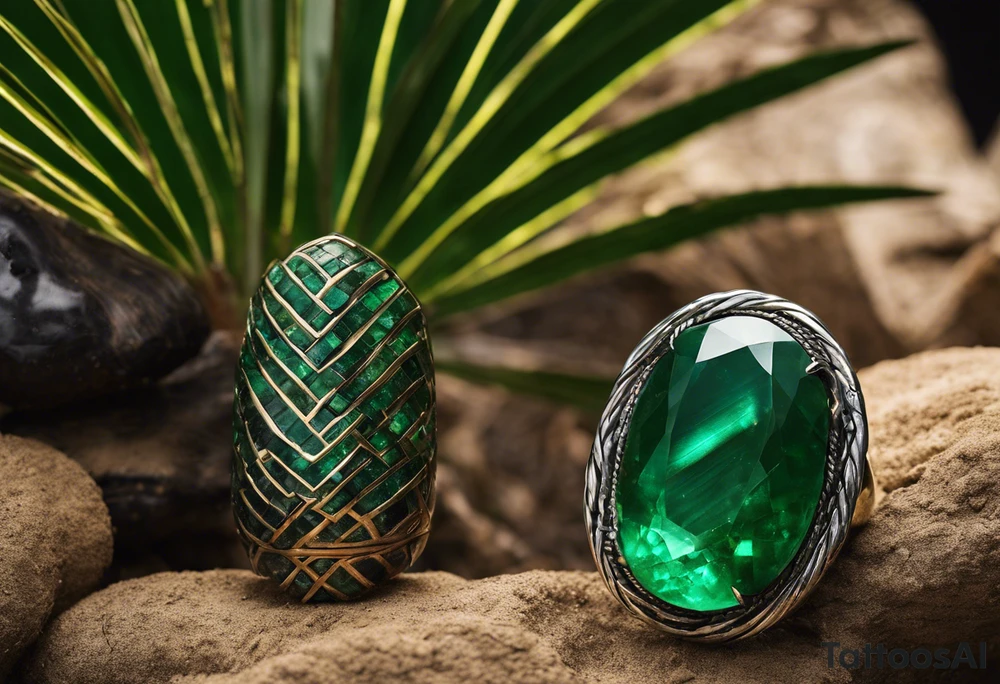 Tattoo: A striking Gachala emerald sits at the base of a tall quindio wax palm, which grows resiliently from cracks in rugged, rocky soil. The emerald is the main focal point, symbolizing strength and endurance, while the wax palm, rooted in the soil’s crevices, represents growth and resilience. A small water stream flows gently from the rocks, adding an element of life and nourishment tattoo idea