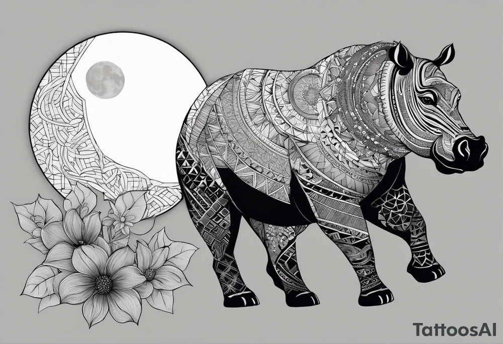 Very asymmetrical, +geometric pattern, with realistic full moon, with hippo at side look, +tribal, +geometric, +inkart , +blackwork, +grey scale, + sketch
with wintersweet flower bud, +inkart touch, +for men tattoo idea