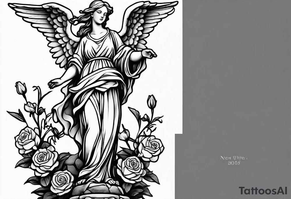 Simple Angel statue stood on a rock with daffodils and roses wrapped around its legs tattoo idea