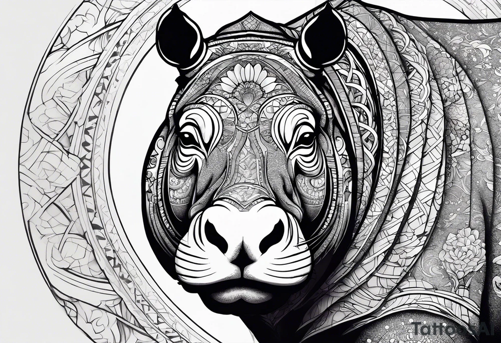 Very asymmetrical, +geometric pattern, with realistic full moon, with seeious looking hippo, with zen feel,
with wintersweet flower bud, +portrait orientation, +inkart touch, tattoo idea