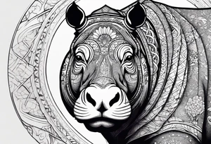 Very asymmetrical, +geometric pattern, with realistic full moon, with seeious looking hippo, with zen feel,
with wintersweet flower bud, +portrait orientation, +inkart touch, tattoo idea