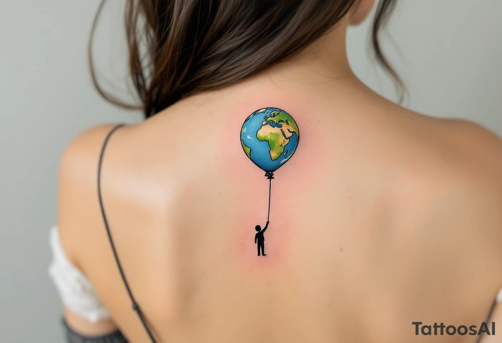 An Earth-shaped balloon in sky blue and grass green floats upward from a black string held by a tiny figure. tattoo idea