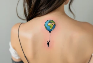 An Earth-shaped balloon in sky blue and grass green floats upward from a black string held by a tiny figure. tattoo idea