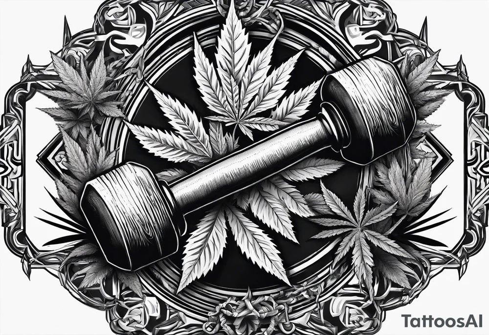 A dumbell with marijuana around tattoo idea