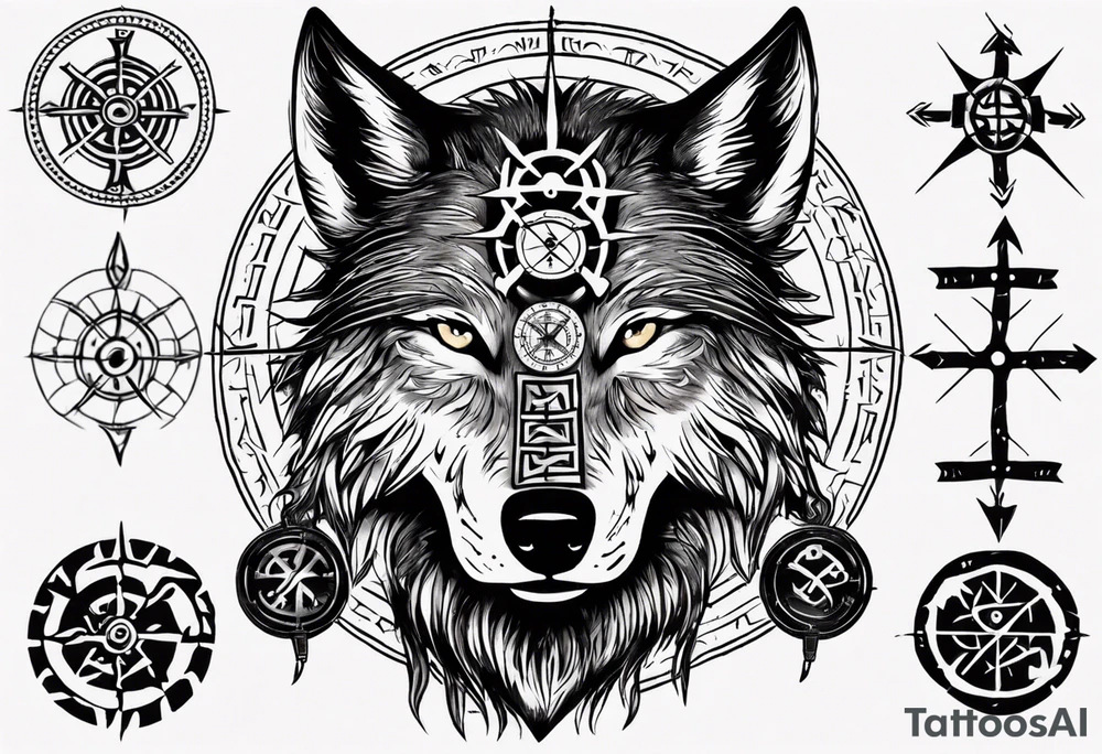 Black wolf with Viking Vegvísir compass on its forehead tattoo idea
