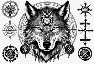Black wolf with Viking Vegvísir compass on its forehead tattoo idea