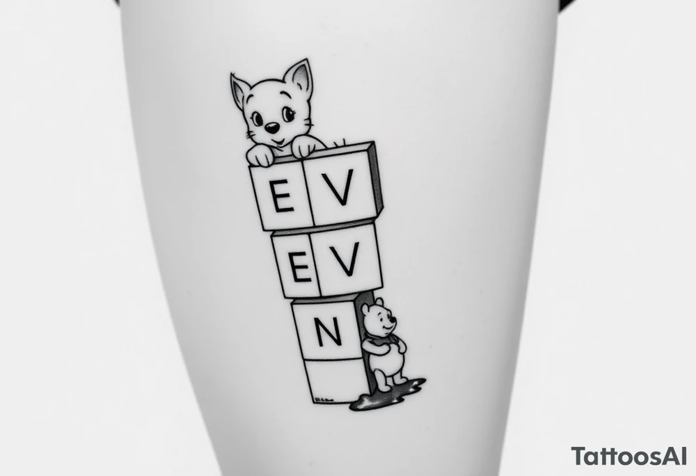 a thigh tattoo with alphabet blocks going down vertically but on the alphabet blocks, the name SEVYN is alternated on the sides of all five blocks and 07/14/25 is alternated on the sides of the blocks as well and on the top of the blocks Marie from the Aristocats peeking up looking showing her eyes, her bow on her head and her front pause and then on the bottom block then Winnie the Pooh standing on the ground, reaching up on the block for the honey that’s spilling off the side and on the left side not on the blocks to say 6 ounces 12 pounds 20 inches all lined up in a column going vertically starting with the 6 ounces 12 pounds and 20 inches in that order and then on the right side, not touching the blocks to say 3:51 AM. tattoo idea