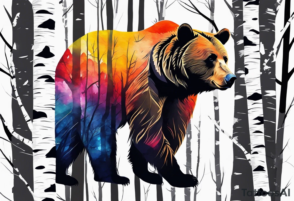 bear silhouette, birch trees, wrapped around man's ankle tattoo idea