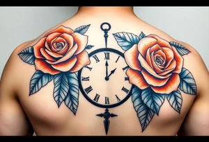 Blue and orange roses with a clock and name placeholder tattoo idea