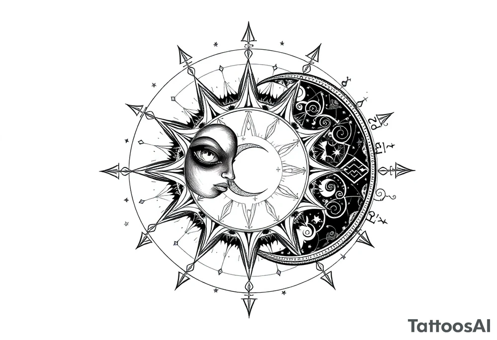 celestial sun and moon with constellation patterns runes in starry sky tattoo idea
