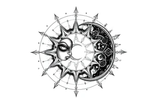 celestial sun and moon with constellation patterns runes in starry sky tattoo idea