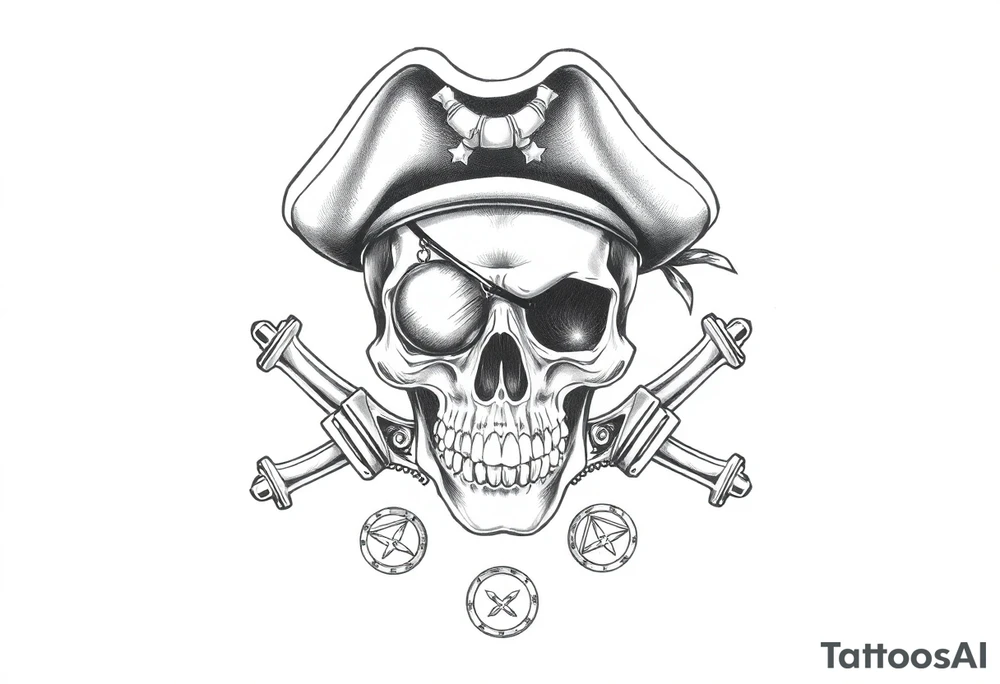 skull with eye-patch,pirate-hat,sabers,parrot,coins. tattoo idea
