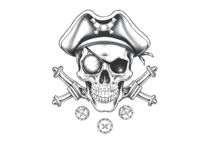 skull with eye-patch,pirate-hat,sabers,parrot,coins. tattoo idea
