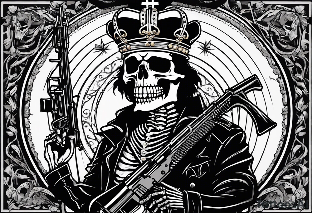 image of a skeleton standing frontally with a crown on his head, holding an AK-47 on his shoulder with his right hand. The chain on the left should be taut, there are three angry barking Dobermans in it, near the waist tattoo idea