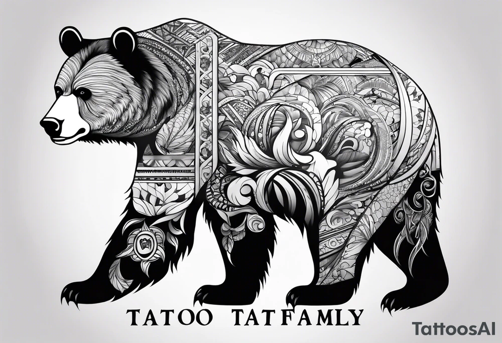 Powerful bear with the word family written tattoo idea