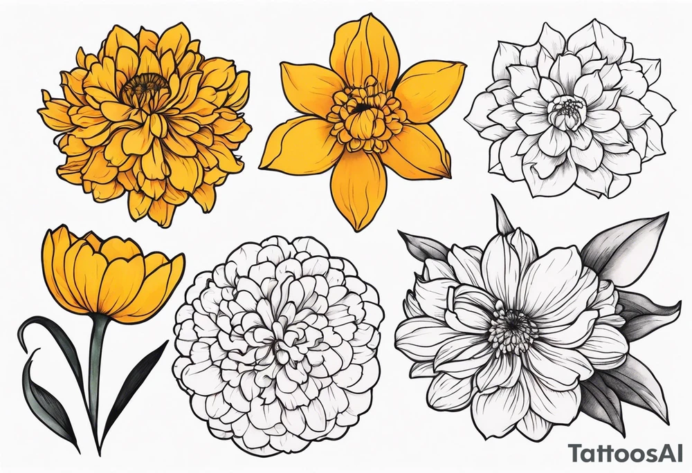 A stemless marigold, chrysanthemum, and
narcissus tattoo idea