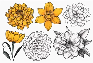 A stemless marigold, chrysanthemum, and 
narcissus tattoo idea