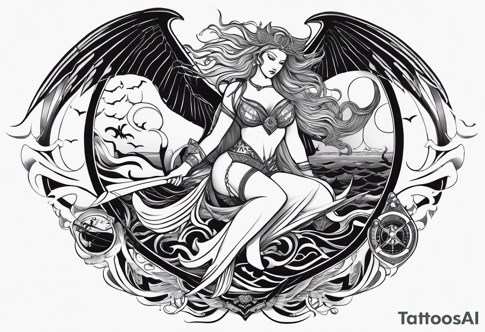 Create a tattoo with a sexy, beautiful, and warrior Goddess Nyx, the goddess of night, who Zeus fears.  She has one white wing and one black wing, like an angel, representing both love and death, and is surrounded by the ocean with sharks, orcas, whale sharks, and octopus.  Within this tattoo is a helicopter such as the MH-60M DAP, a Nightstalkers helicopter outfitted with weapons, doing a combat tactical mission. tattoo idea