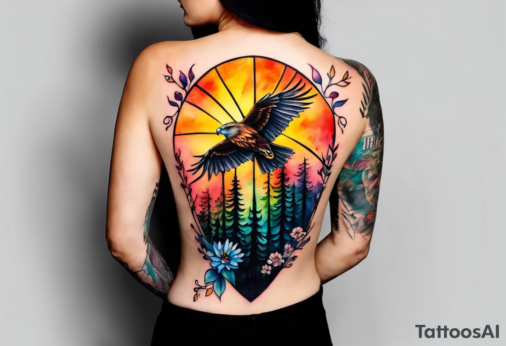 Small Watercolor inside arm tattoo, 4 inches. Black kite (Daya's name), nature (trees/flowers), rock/metal vibe (bold lines), sunflower. Bright colors! tattoo idea