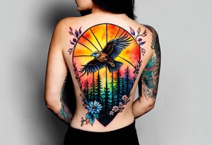 Small Watercolor inside arm tattoo, 4 inches. Black kite (Daya's name), nature (trees/flowers), rock/metal vibe (bold lines), sunflower. Bright colors! tattoo idea