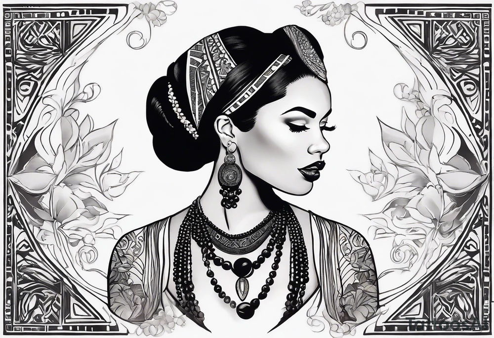 A white woman with dark hair and features. She will be posing sideways portrait style but looking head on. She need to embody a modern queen. She must be wearing 3 African style necklaces and african Earrings. And the outside of the tattoo can fade away with smoke. It’s for my outer shoulder so it’s about 20x7cm tattoo idea