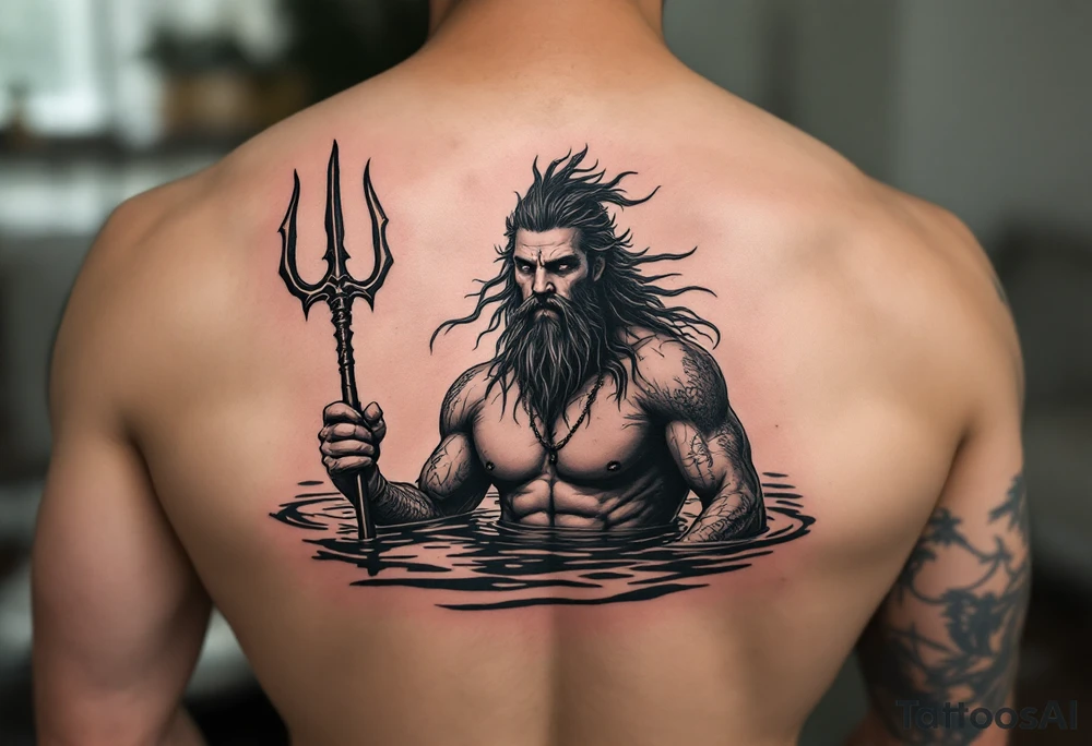 young, fit poseidon in calm water, holding a trident, drinking a beer, with sunset tattoo idea