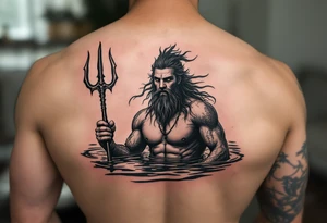 young, fit poseidon in calm water, holding a trident, drinking a beer, with sunset tattoo idea