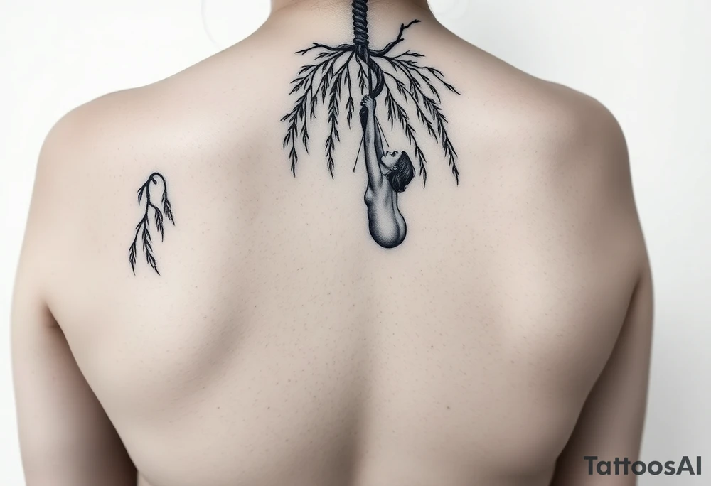 Fat naked sexy woman hanging with a noose around her neck dying from aweeping willow tree tattoo idea