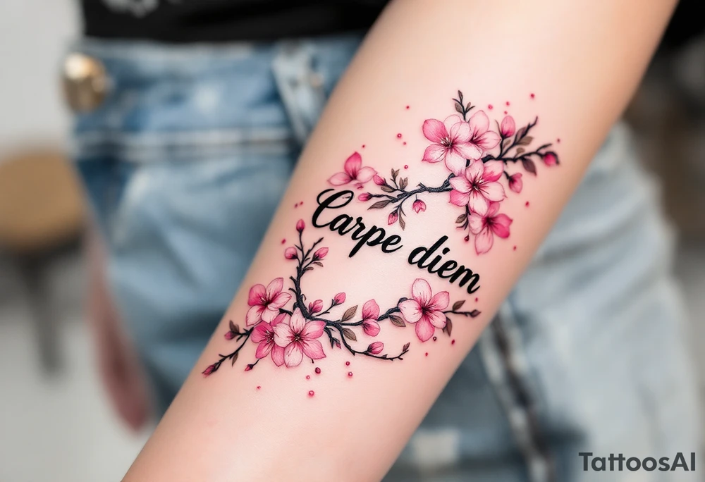 Elegant black script "Carpe Diem" flowing across the forearm with delicate watercolor pink cherry blossoms wrapping around. tattoo idea