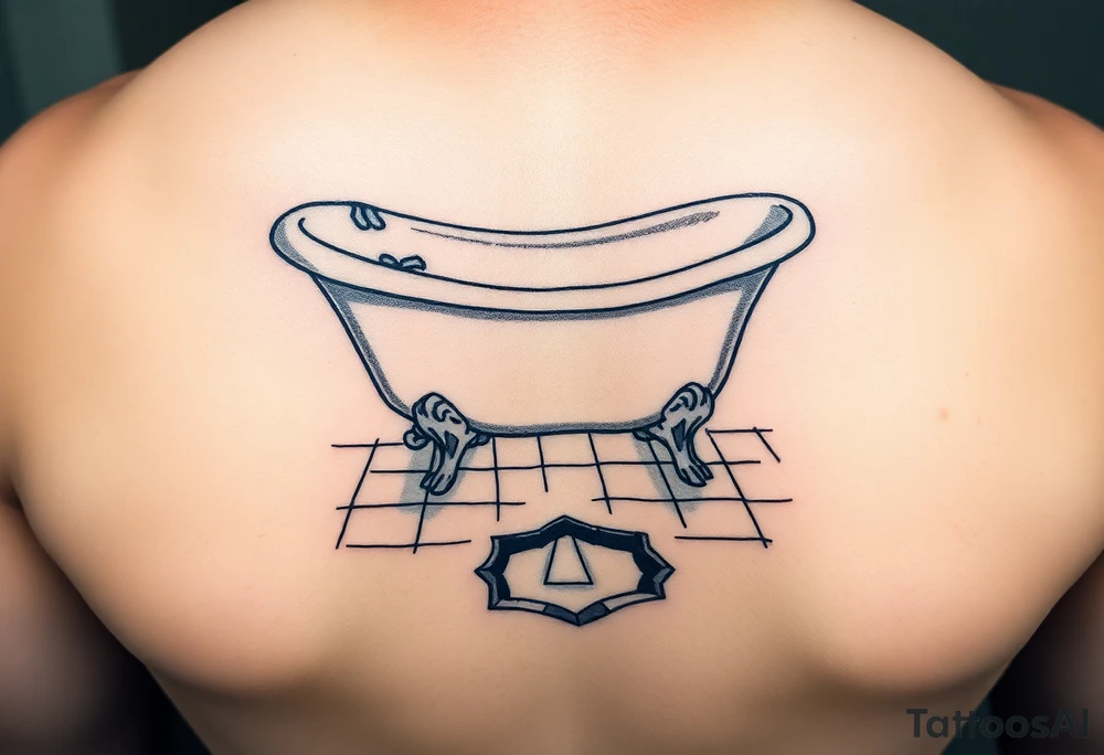 clawfoot bathtub on a tile floor and light coming up out of a crack on the floor tattoo idea