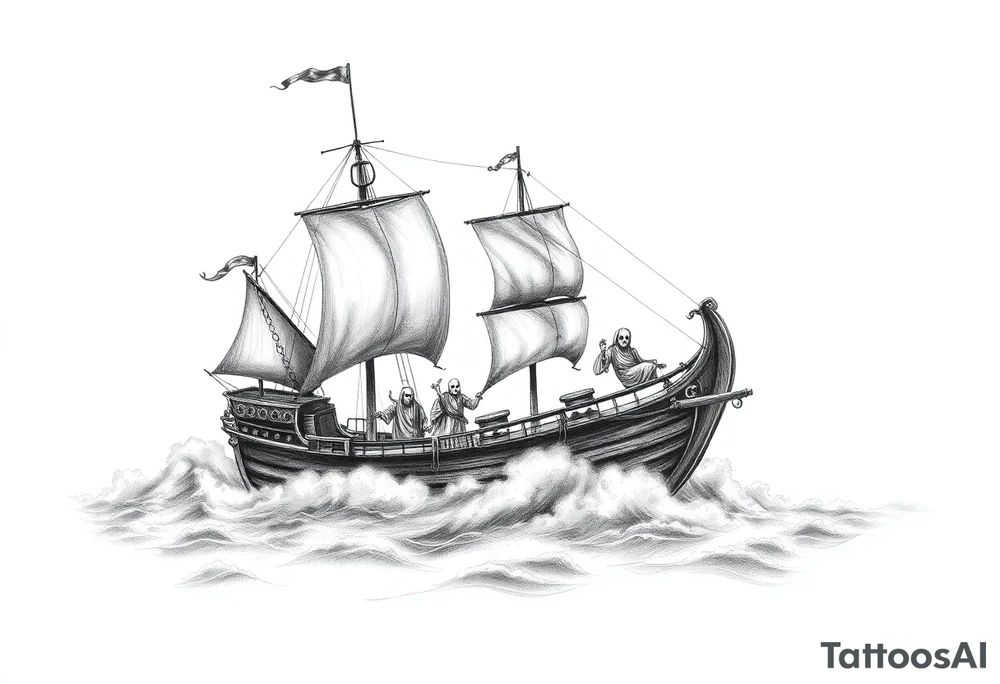 pirat-ship with ghosts surrounded by fog on sea. tattoo idea