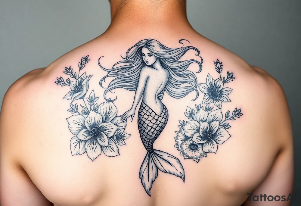 ethereal mermaid with flowing hair among coral and sea flowers tattoo idea