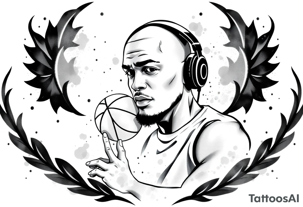 A guy dribbling a basketball with headphones on tattoo idea