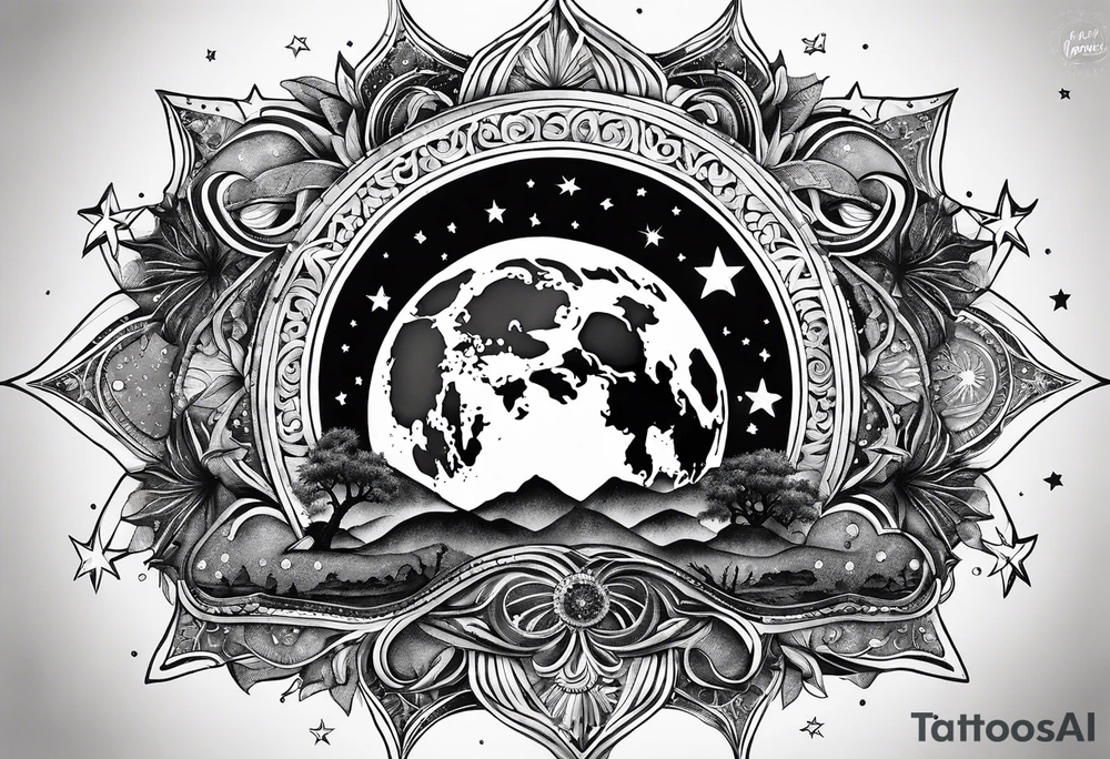 mezcla de sol luna y mar con estrellas brillantes, sin bordes, sencillo tattoo idea