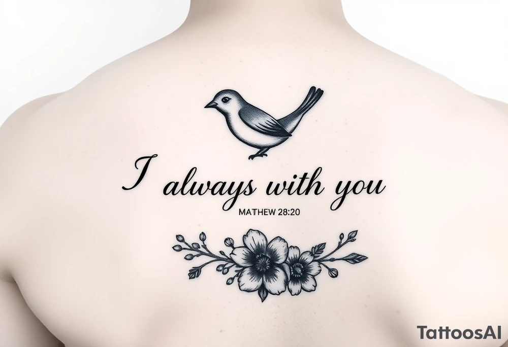 Bible verse “I am always with you Matthew 28:20” with a dainty bird on top with small flowers on the bottom tattoo idea