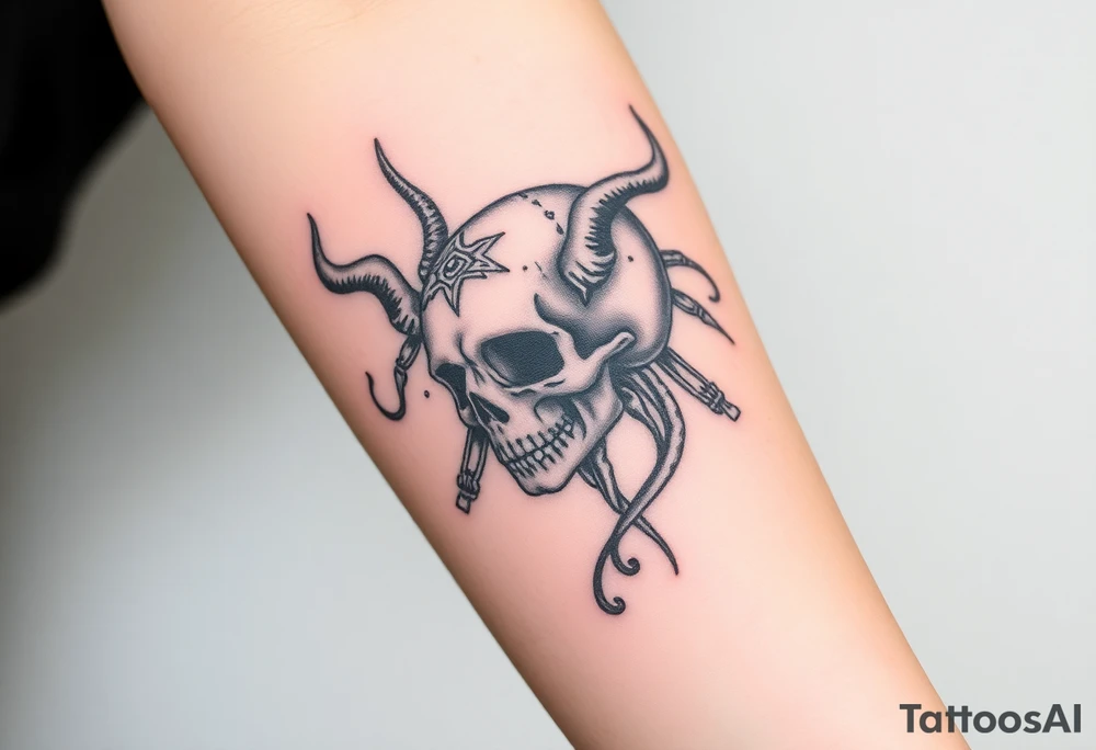 mystical  bringer of death head in lap tattoo idea