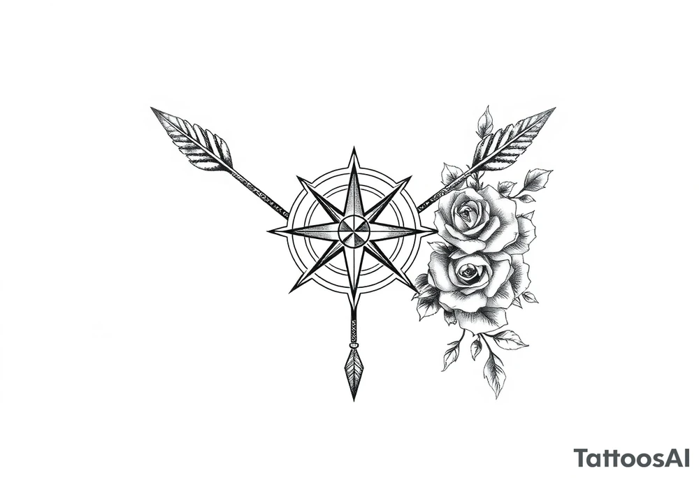Detailed arrows with compass over top and beautiful rose vines around tattoo idea