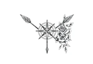 Detailed arrows with compass over top and beautiful rose vines around tattoo idea