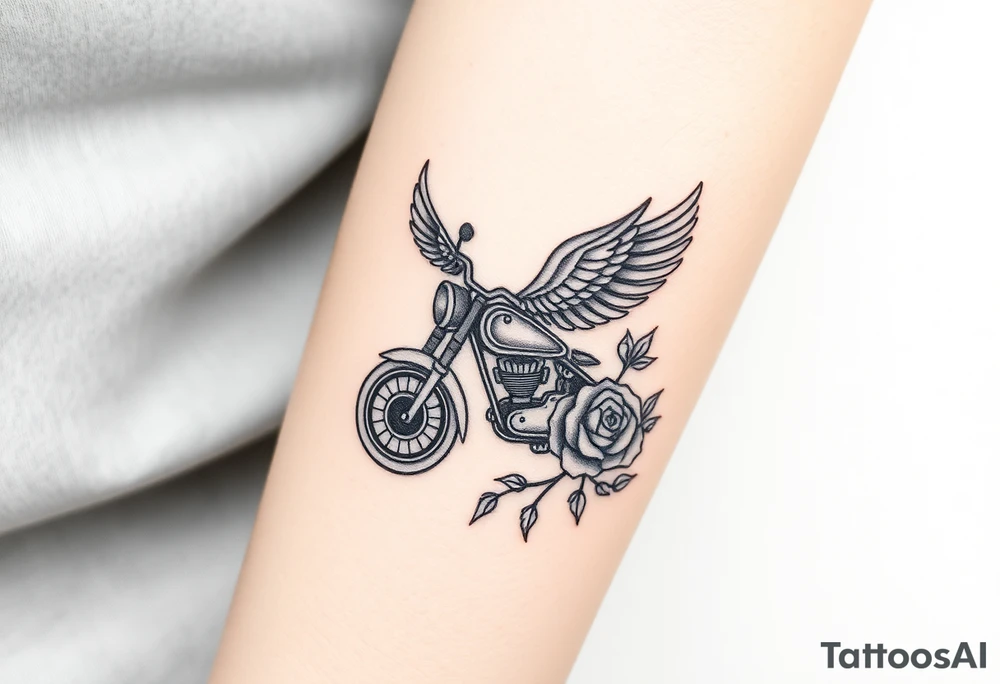 Motorcycle with a red bird flying with roses and lace with flames tattoo idea