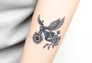 Motorcycle with a red bird flying with roses and lace with flames tattoo idea