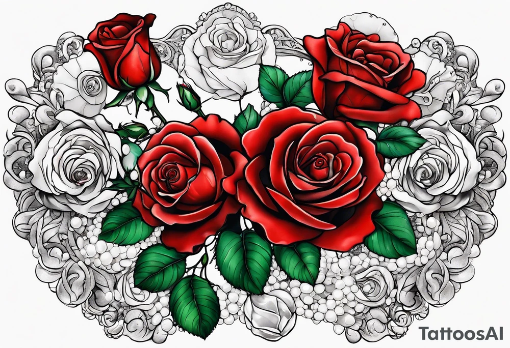 Red roses with pearls and scallop shells tattoo idea