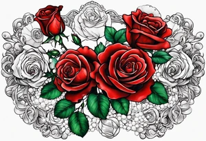 Red roses with pearls and scallop shells tattoo idea