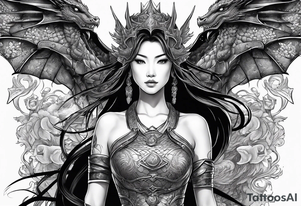 beautiful warrior woman wearing dragon armor and a dragon flying tattoo idea