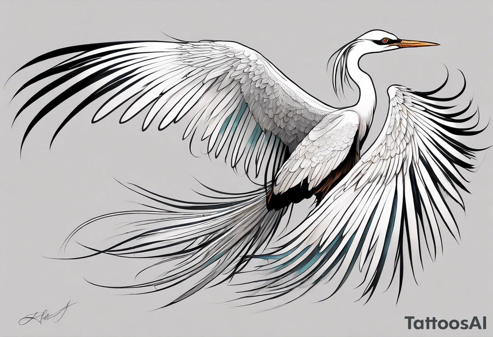 phoenix 
chinese 
egret
long tail 
elegant 
wings down
long neck
long feathers
in flight tattoo idea