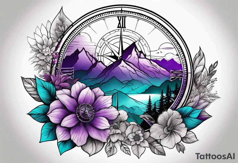 Half Sleeve tattoo: 
mountain in front of a compass rose 
with purple and teal sky, and purple and teal flowers in the foreground tattoo idea