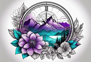 Half Sleeve tattoo: 
mountain in front of a compass rose 
with purple and teal sky, and purple and teal flowers in the foreground tattoo idea