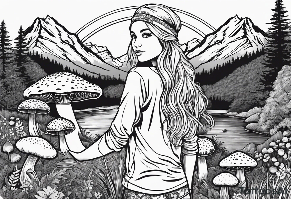 Whole picture encircled fully

Straight long blonde hair hippie girl in distance holding mushrooms in hand facing away toward mountains and creek surrounded by mushrooms long sleeve shirt and hiking pants; whole rendering within a full circle, no cut off circle tattoo idea
