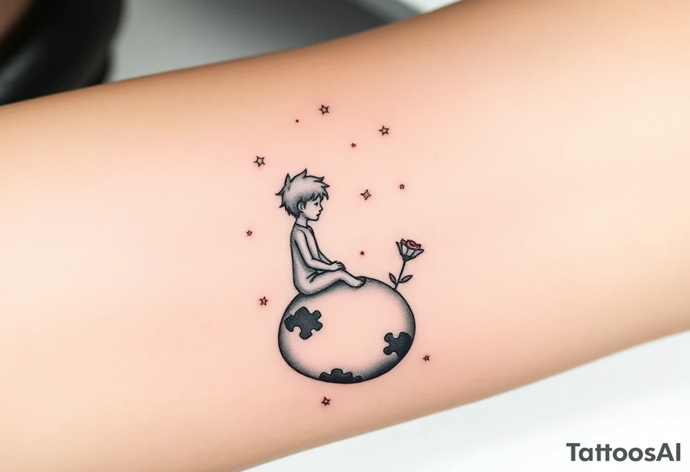 A reinterpretation of The Little Prince sitting alone on his tiny planet (B-612), under a sparse starry sky with broken constellations. A cracked, melting clock floats behind him, representing time and anxiety. Instead of his rose, there’s a half-bloomed flower with soft thorns—symbolizing fragile love. A warm light glows from his chest, shaped like a star or heart, representing deep inner strength and love. Around him, small scattered puzzle pieces or geometric fragments hint at attention to detail and a complex inner world. Style: fine line with soft shading, subtle surrealist elements. tattoo idea