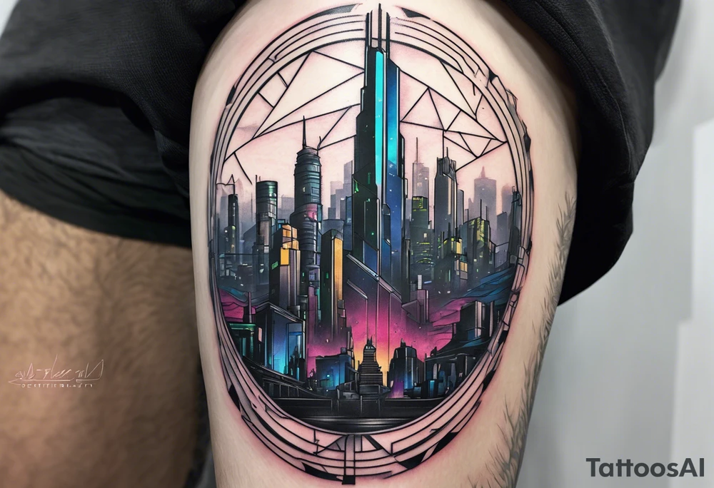 cyberpunk 2077, forearm tattoo, geometric, subtle, men, city skyline, tattoo idea