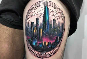 cyberpunk 2077, forearm tattoo, geometric, subtle, men, city skyline, tattoo idea